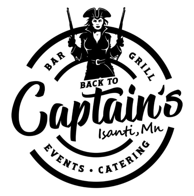 Back to Captain's logo. Text reads bar, Grill, Back to Captain's Isanti, MN, Events, Catering. Picture is double circle with a pirate captain.