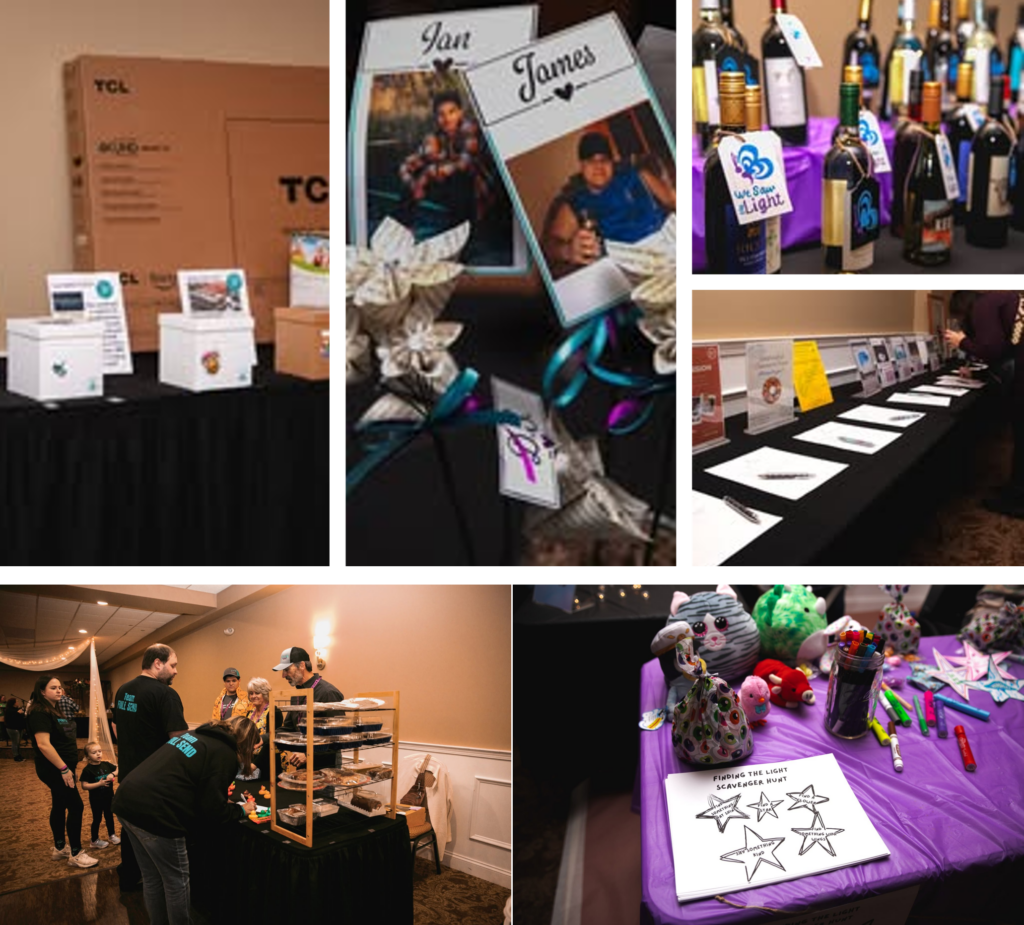silent auction items with bid sheets, memorial pictures, kids games, wine bottles, baked goods